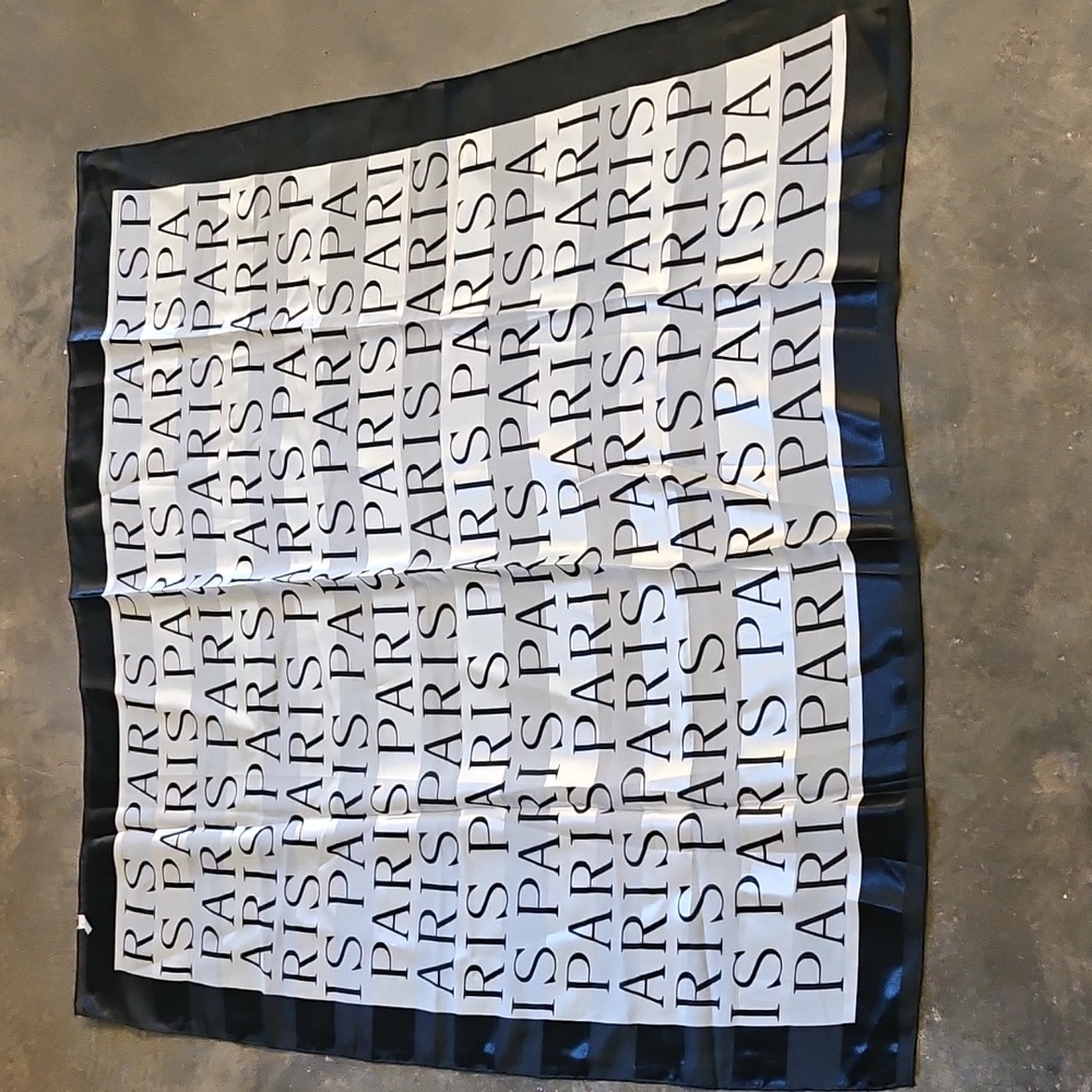 Large Polyester 40" Square PARIS Letters Scarf Shimmery Black Grey White